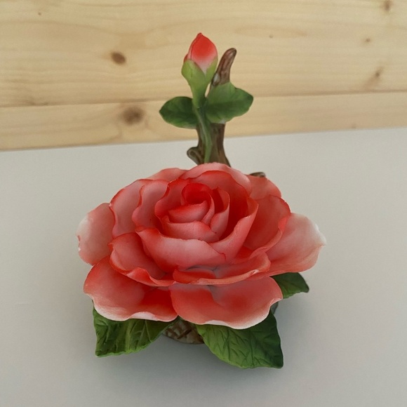 Vintage Coral Pink Porcelain Rose Figurine on Branch with Leaves Blooming Rose - Picture 2 of 9